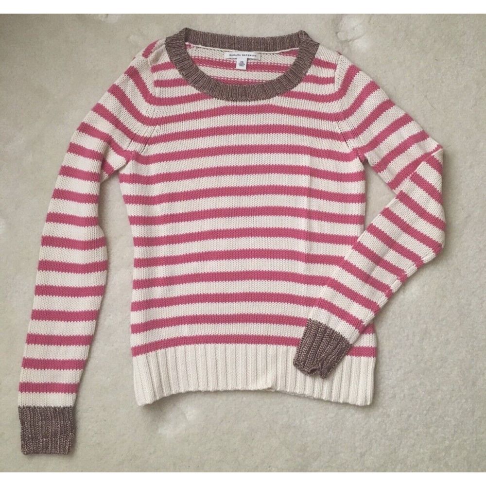 Banana Republic Pink White Striped lightweight deep camel trim Sweater‎ S/Small